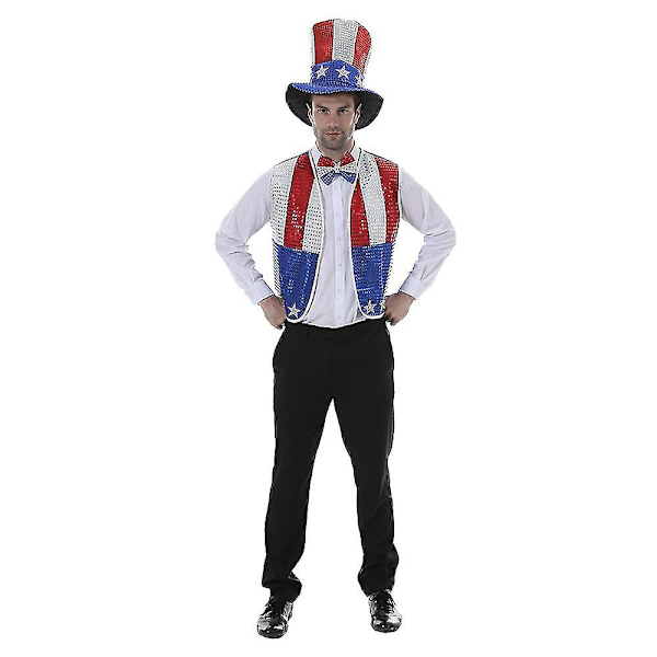 Mike 4 juli-firande Patriotisk fest Paljett Uncle Sam Kostymkit för vuxen Amerikansk flagga Väst Hatt Fluga
