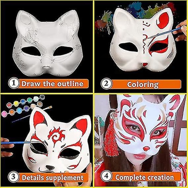 Vit Pappersmask Kattansikte - 10 Stycken, Blank Handmålad Mask av Pappersmassa
