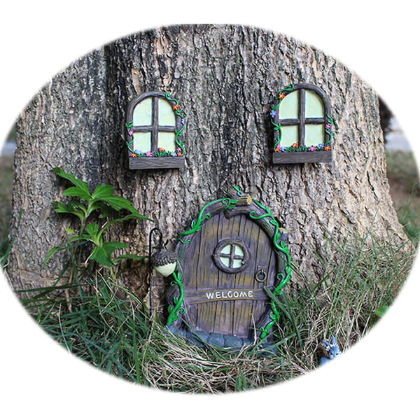 Miniatyr Fairy Tree Ornament - Lys opp tredør og vindu - Resin Tree - Retro Mystical Window - Home Decor with Cedar Nut Street Lamp