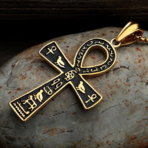 Mode Forntida egyptiska Ankh Cross Halsband För Män Rostfritt Stål Guld Färg/Silver Färg Biker Hänge Amulett Smycken 60cm Style B