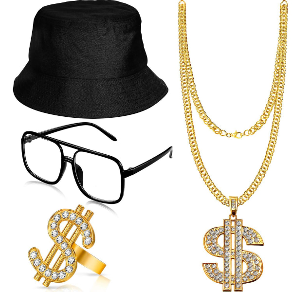 Hip Hop Costume Kit Bucket Hat Aurinkolasit Gold Link 80-/90-luvun räppäritarvikkeet, Halloween-asusteet