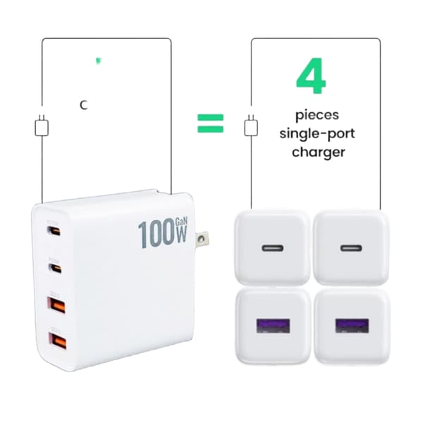 100W GaN Oplader Adapter Dobbelt Type C QC3.0 USB-A EU-stik