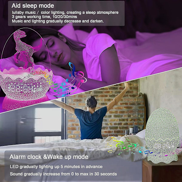 2023 Ny Dinosaurieägg Väckarklocka/Nattlampa/Vaggvisa Ljudmaskin/Bluetooth-högtalare 4-i-1, Fjärrkontroll Multi Färger & Musikröst, Cool Dinosaurie