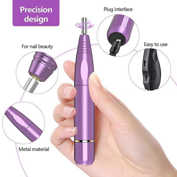 Negleboremaskine Elektrisk, bærbart akrylneglesæt, neglefilsæt til manicure pedicure polering lilla Purple