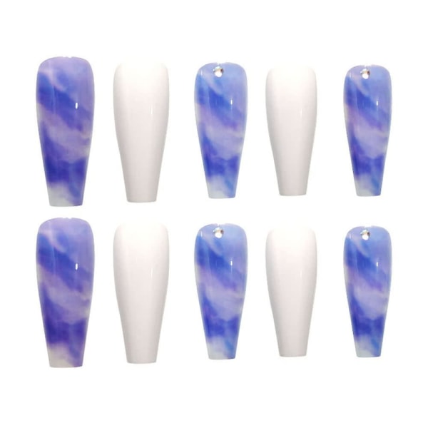 24 st långa kista tryck på naglar Gradient blå akryl lösnaglar för kvinnor och flickor