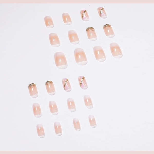 24 st franska spets pressade naglar Korta rosa fyrkantiga falska naglar glansigt lim på naglar Cover Stick On Nails Falska naglar