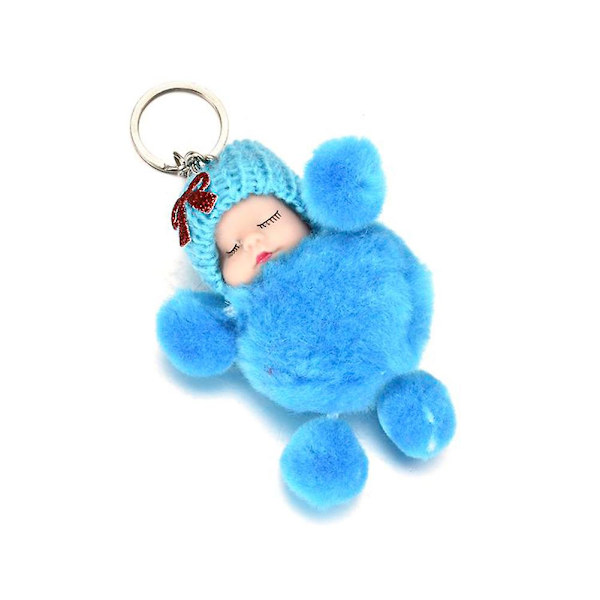 Sovande Bebis-Rosett Fluffig Pompom Plyschdocka Hängande Smycke Nyckelring Lake Blue Bowknot