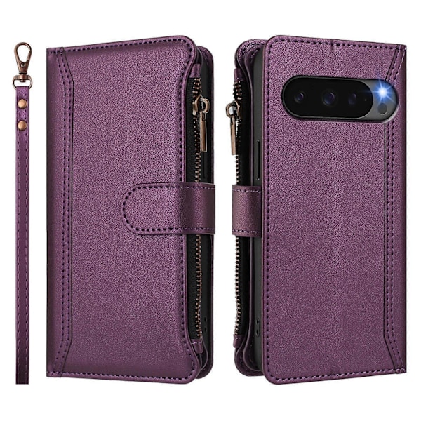Magnetisk Stängning 9 Kortplatser Dragkedja Läderfodral med Handrem Purple For Google Pixel 10 Pro XL 5G