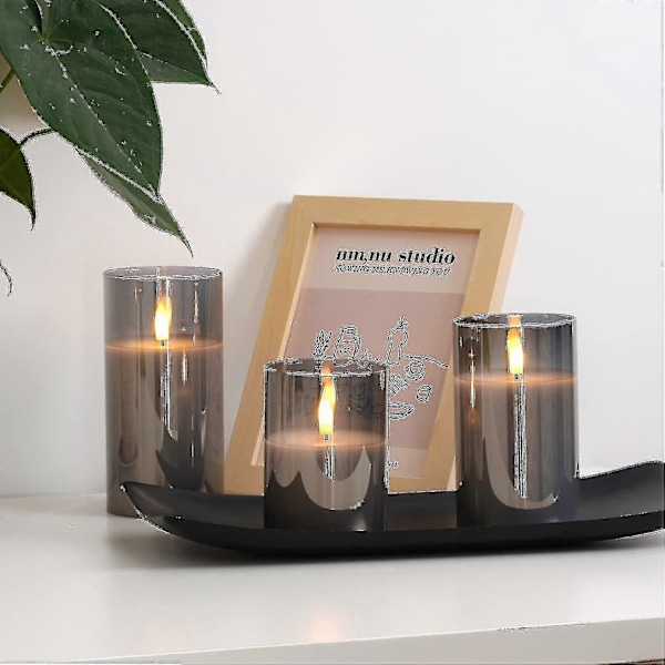 Glas LED-ljus, Batteridrivna Ljus, Pelarljus med Fjärrkontroll och Timer, Elektriska Ljus, Vax + Grått Glas, Set av