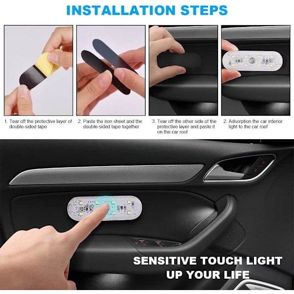 Bil Innerbelysning, 2 st 8 LED Vitt Ljus Touch Switch Bil Interiör