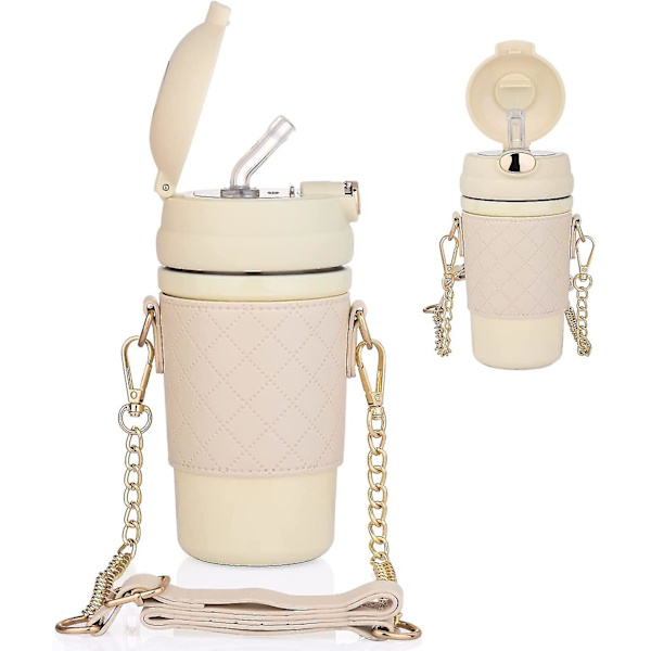 Isoleret vandflaske med sugerør, termoflaske i rustfrit stål med sleeve og bærestrop, 16oz/480ml (beige)
