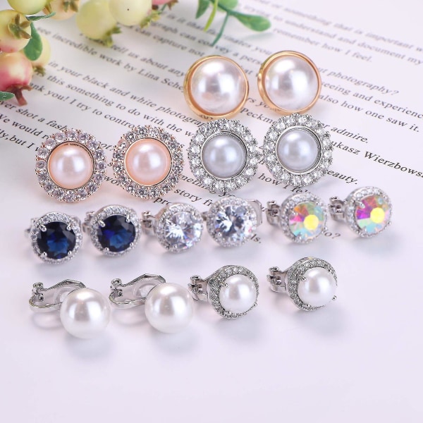 8 par Clip On-örhängen Rainbow Quartz Pearl Pearl Earrings med gummikuddar Non Pierced Clip Örhängen Set G