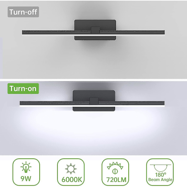 LED Spejllys 9w, Badeværelsesspejl Lampe Kold Hvid 6000k Spejlfront Belysning 40cm Badeværelsesskabsbelysning 720lm LED Spejlvæglampe Sort Til