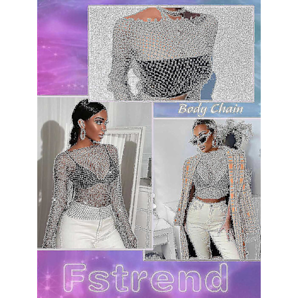 Kvindernes Mesh Body Chains Rhinestone Langærmet Krystal Gennemsigtig Cover Up Crop Tops Fiskenet Bikini