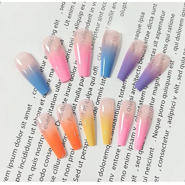48 stk Press On Nails Kiste - Lange falske negle Rainbow Gradient Color Blank Akryl Ballerina Falske Negle