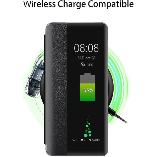 Huawei P30 Cover, Smart View Læder Flip Cover, [Strømsparefunktion][Integreret Beskyttelse](p30, sort)