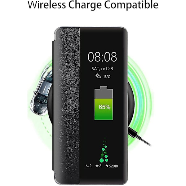 Huawei P30 Skal, Smart View Läder Flip Fodral, [Energisparläge][Integrerat Skydd](p30, svart)