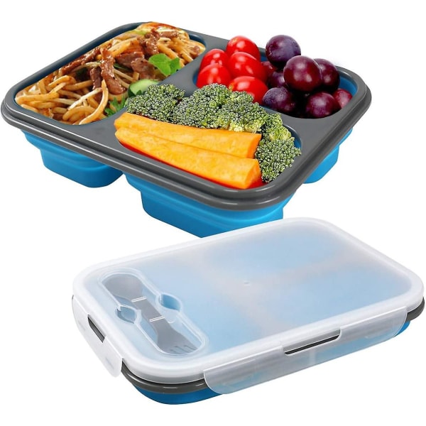 Kokoontaittuva Bento Box, 3-osastoinen silikonitiivis Bento-lounaslaatikko haarukkalaatikolla aikuisille, lapsille - Bpa-vapaa/mikroaalto-/pakastinvapaa