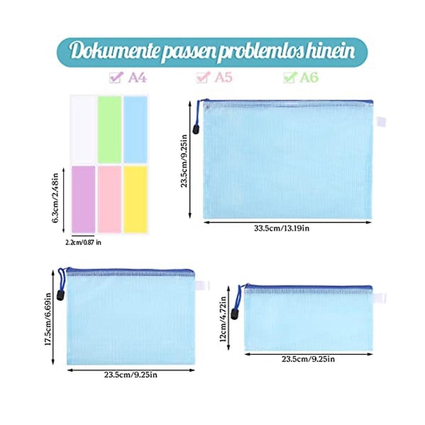 20 pakke dokumentposer A4+a5+a6, filmappe Plast lynlåslomme Lynlåslomme mesh-lomme med lynlås
