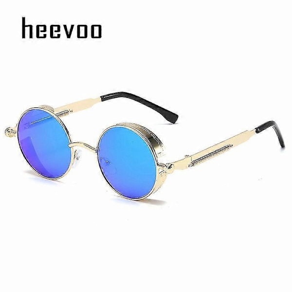 Metalliset Steampunk-aurinkolasit Miehet Naiset Muoti Pyöreät Lasit Merkki Suunnittelija Vintage Aurinkolasit Korkealaatuiset Oculos De Sol 2023 Gold Blue 1 pcs