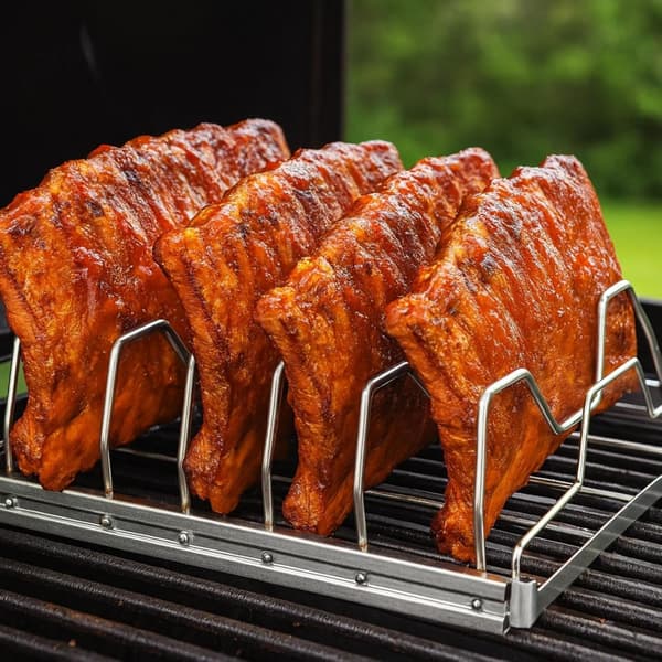 5-fack vikbart revbensställ i rostfritt stål för grill, rökare & ugn - Bärbart för jämn tillagning, BBQ & utomhuscamping