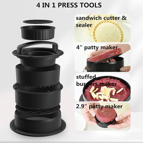 4-i-1 Burgerpress Patty Maker, Smörgåsskärare och Förseglingsset med 100 st Vaxpapper för Grillning