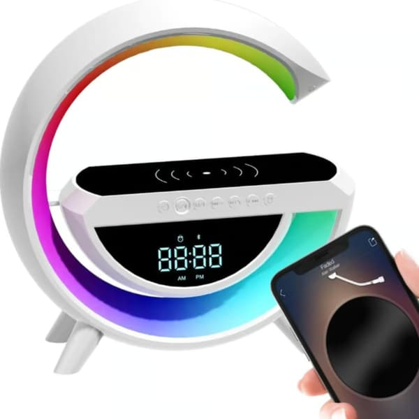 Bluetooth väckarklocka – 5W trådlös laddning, RGB, FM – För sovrum – Vit, 24,5 x 21,5 x 8 cm