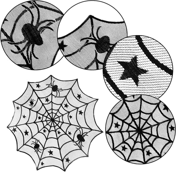 Halloween-dekorationer set, 40-tums rund bordsduk i spindelnätsspets