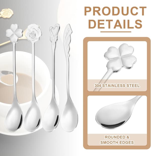 Kaffeskedset med 4 Delar - 4 Unika Formade 304 Rostfria Teskedar för Espresso, Dessert & Te, Silver Silver