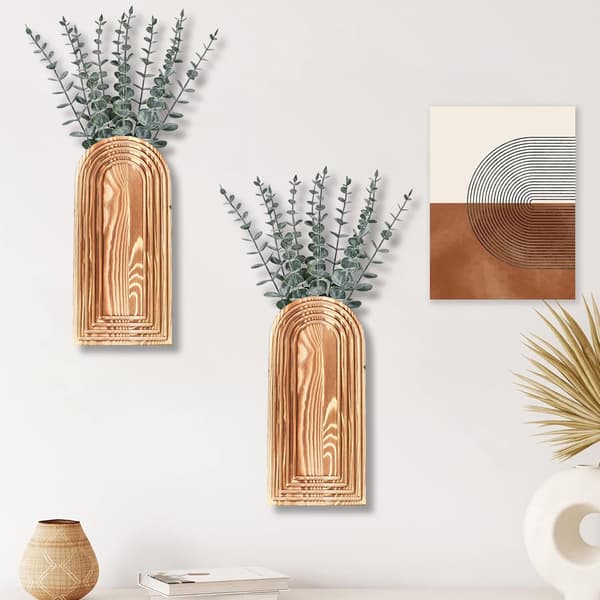 2-pack väggvaser i trä - brun finish modern bondgård och boho väggdekor för entré, hall, badrum, vardagsrum, matsal, smala utrymmen