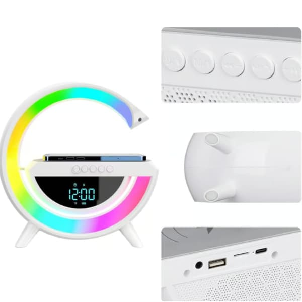 Bluetooth väckarklocka – 5W trådlös laddning, RGB, FM – För sovrum – Vit, 24,5 x 21,5 x 8 cm