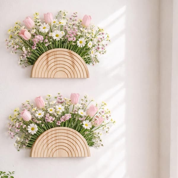 Väggmonterad Blomhållare i Trä, Halvcirkelformad, Boho Regnbåge Torkad Blomsterställning för Pampasgräs, Tulpaner, Heminredning Vardagsrum Sovrum, Handgjord