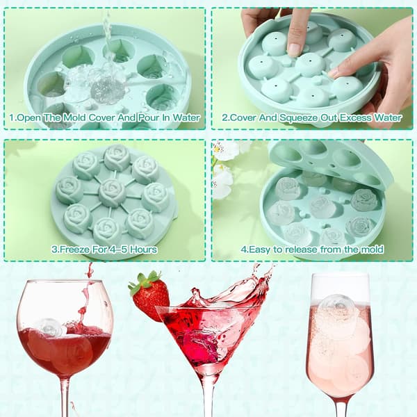 2-pack 3D Ros Isform Set - 3,5 cm Silikon Blomma Iskubsbricka för Whisky, Cocktails, Juice, Diskmaskinsäker (Rosa & Grön)