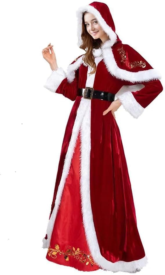 Juldräkt för kvinnor, Fru Tomte-set med klänning och mantel för fest, S S