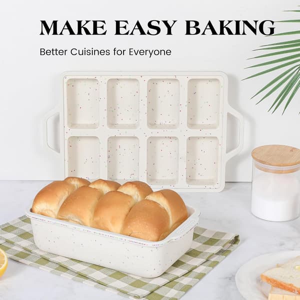 Två mini-brödformar med förstärkta metallramar, non-stick silikonbrödformar för bakning och en mini-köttfärslimpaform med 8 hålrum (krämfärg).