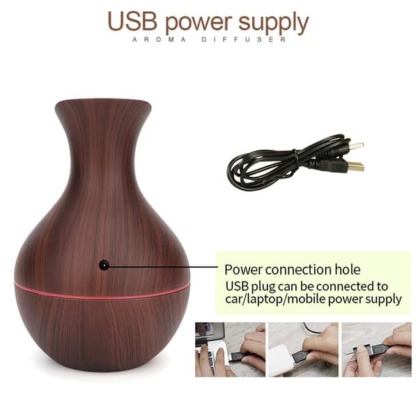 Diffuser, 200 ml USB LED Ultraljudsdiffuser — Bärbar kallmistsfuktare för hem och kontor (mörk träådring)