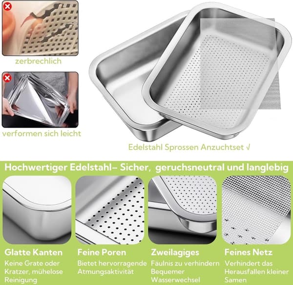 Groddbrick i rostfritt stål — 26x19 cm groddningskit för mikrogrönt och groddar — Diskmaskinssäker — Rostfri odlingsbricka