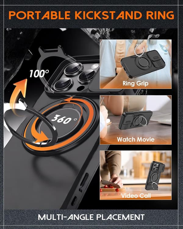 Militärklassat magnetfodral för iPhone 17 Pro 2.0 - Stötsäkert med kameraskydd och 360° stödfot (Orange) iP 17 Pro