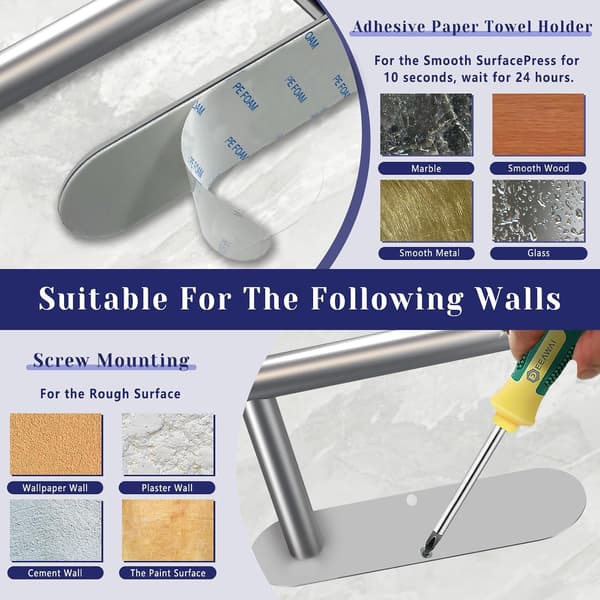 Pappershanddukshållare i silver, självhäftande pappershanddukshållare för montering under skåp silver