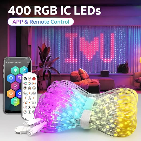 Smarta gardinlampor, 400 LED, 2x2 meter, app- och fjärrkontroll, juldekorationsbelysning