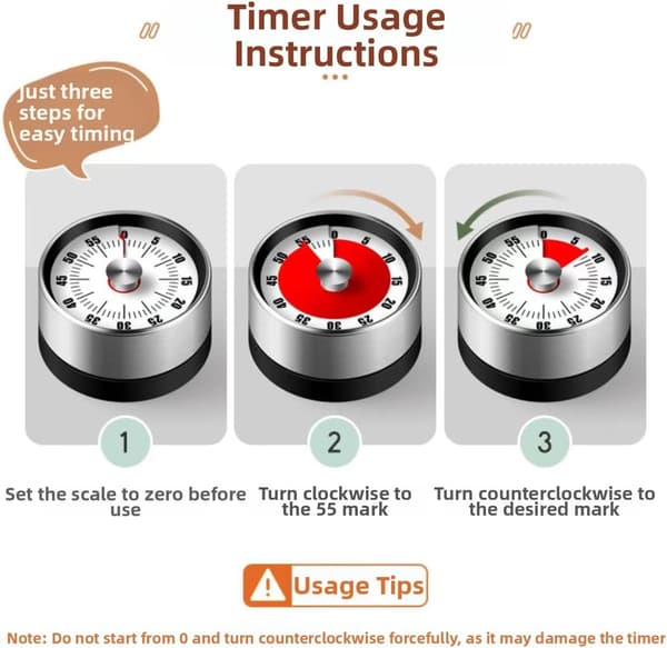 Mekanisk kökstimer med magnetisk baksida, visuell timer, lämplig för matlagning, bakning, klassrum och hemmabruk.