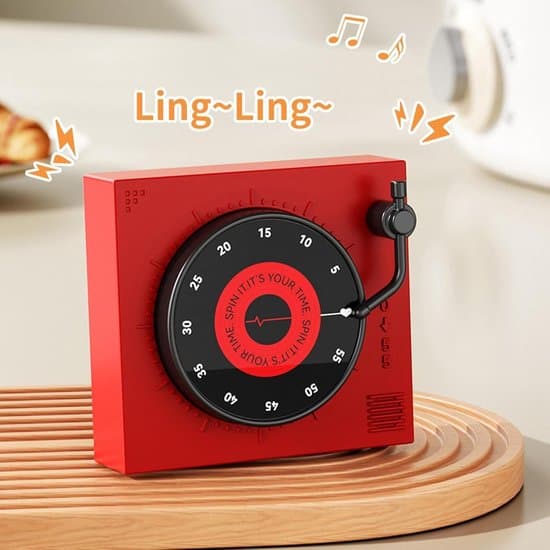 Magnetisk retro kökstimer med skivspelar-design - Mekanisk kökstimer (inga batterier krävs) - Analog timer för kök, studier och kontor