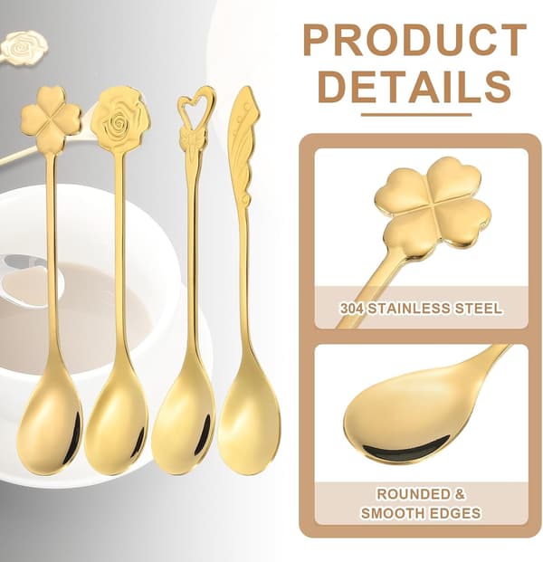 4-pack Guld Kaffeskedar Set - 4 Unika Formade 304 Rostfria Teskedar för Espresso, Dessert & Te-bjudning, Diskmaskinsäker Gold