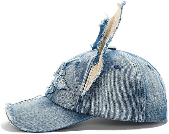Doberman Öronmössa Sliten Denim Baseballkeps med Böjbara Dobermanöron Y2k Trasig Stil Solhatt blå blue