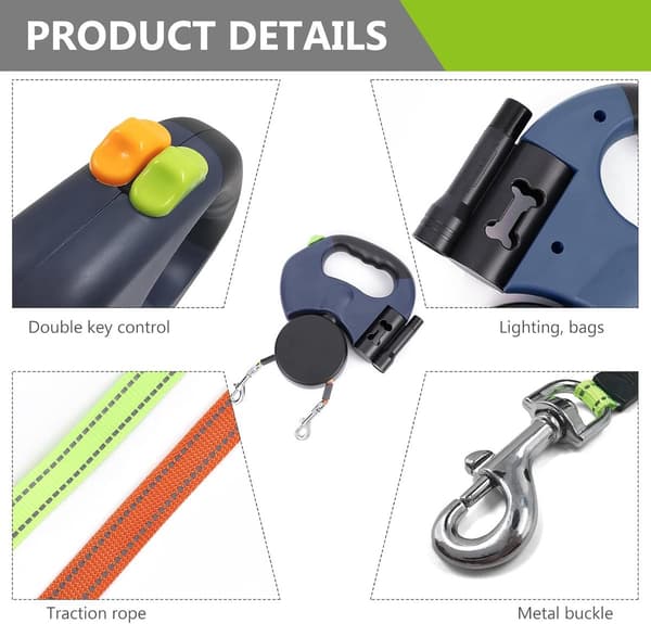 Infällbart koppel – 360° vridbart hundkoppel – 2-i-1-design – Hundkoppel – Trasselfritt system – LED-ljus – Blå