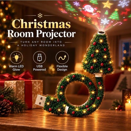Julprojektor, 6 julbilder, USB-driven mini-LED-projektor med flexibel hals för tak, vägg, bil och festdekoration