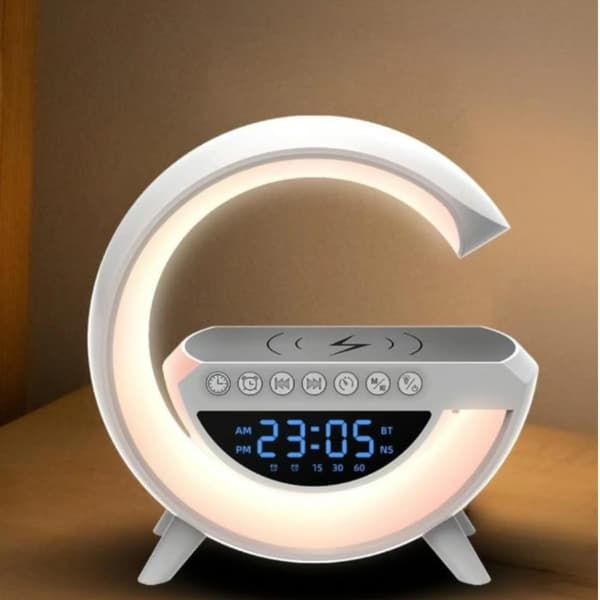 Bluetooth väckarklocka – 5W trådlös laddning, RGB, FM – För sovrum – Vit, 24,5 x 21,5 x 8 cm