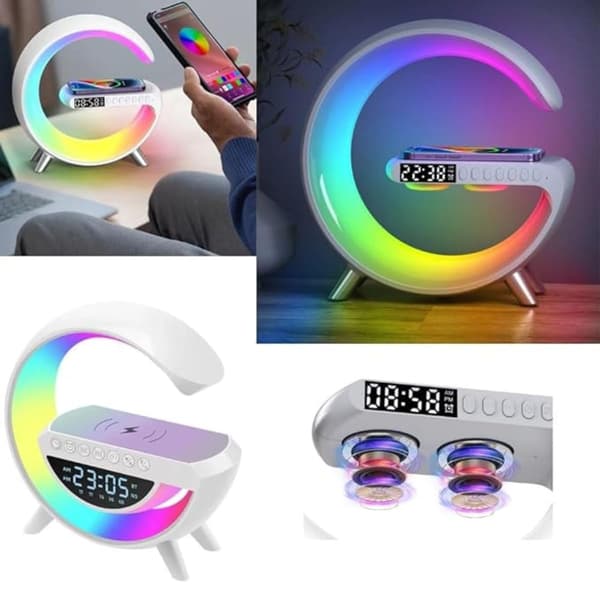 Bluetooth väckarklocka – 5W trådlös laddning, RGB, FM – För sovrum – Vit, 24,5 x 21,5 x 8 cm