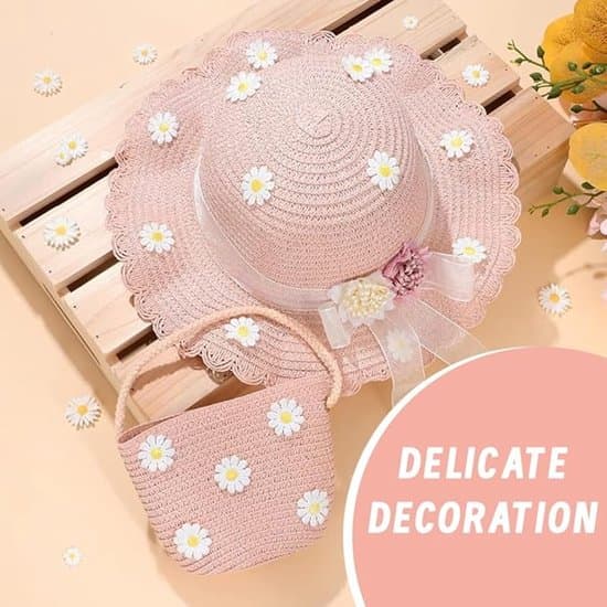 Hatt – Flickors sommarhatt med rosett – Bredbrättad strandhatt – Barnsolhatt för strand, pool och utomhusaktiviteter – Rosa