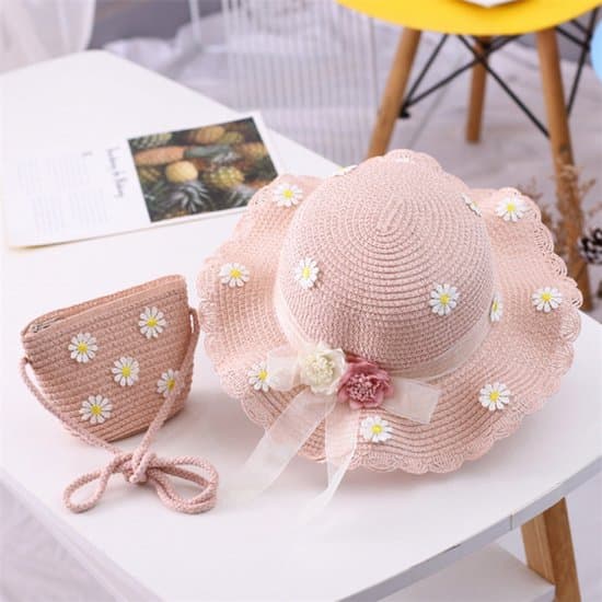 Hatt – Flickors sommarhatt med rosett – Bredbrättad strandhatt – Barnsolhatt för strand, pool och utomhusaktiviteter – Rosa